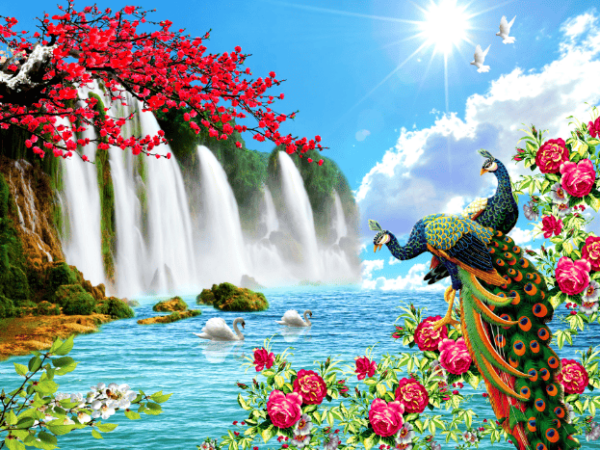 Customized Ceramic & Vitrified Digital Tiles – Waterfall Scenery with Peacocks and Swans Picture Tiles