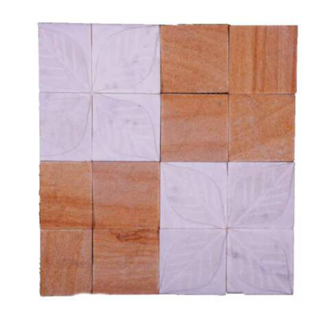 Natural Elevation Stone Mural | Checkerboard Pattern With Alternating White And Wood Color 3D Pattern