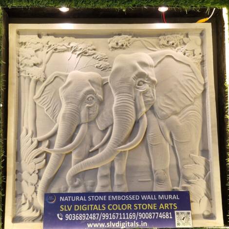 Natural Stone Embossed Wall Mural |Sacred Procession | Majestic Elephants Walking | 3D Stone Embossed Wall Mural