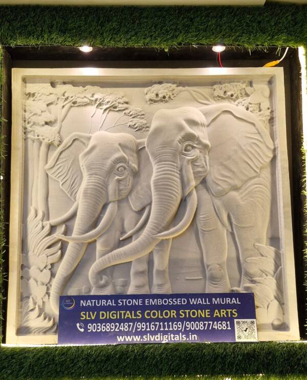 Natural Stone Embossed Wall Mural |Sacred Procession | Majestic Elephants Walking | 3D Stone Embossed Wall Mural