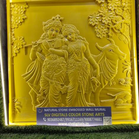 Natural Stone Embossed Wall Mural | Radha Krishna | A Divine Cow | 3D Pattern