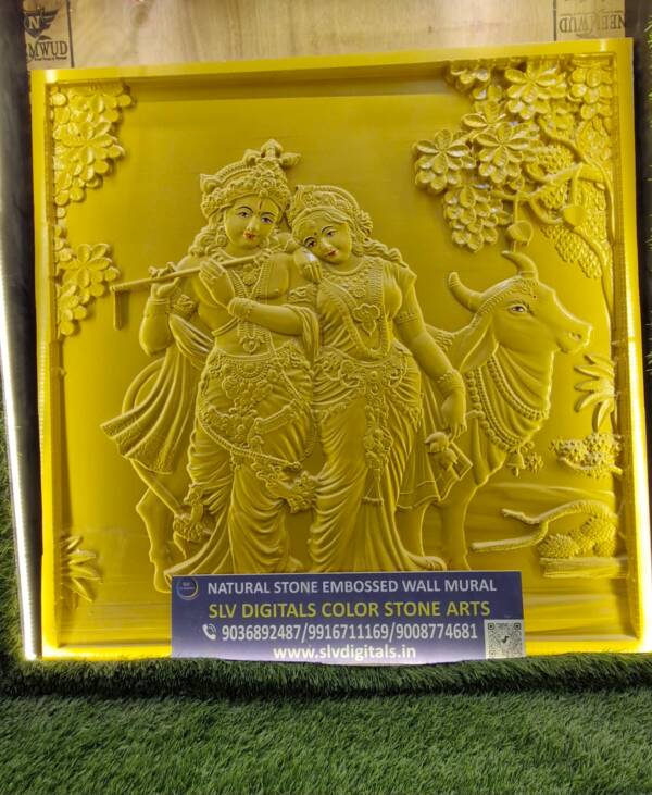 Natural Stone Embossed Wall Mural | Radha Krishna | A Divine Cow | 3D Pattern