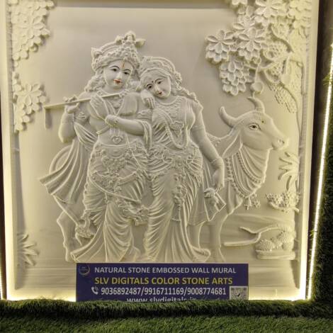 Natural Stone Embossed Wall Mural | Radha Krishna with Kamadhenu | Sacred 3D Stone Art