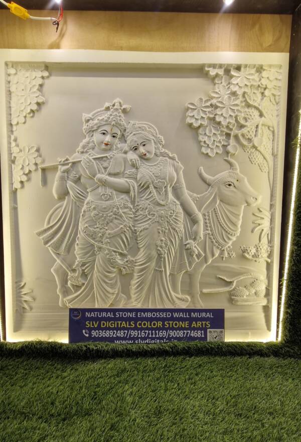 Natural Stone Embossed Wall Mural | Radha Krishna with Kamadhenu | Sacred 3D Stone Art