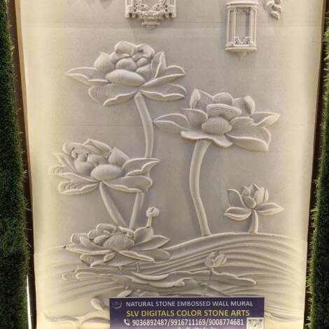 Natural Stone Embossed Wall Mural | Lotus Flowers With Decorative Lights |  3D Pattern