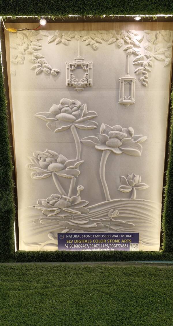 Natural Stone Embossed Wall Mural | Lotus Flowers With Decorative Lights |  3D Pattern