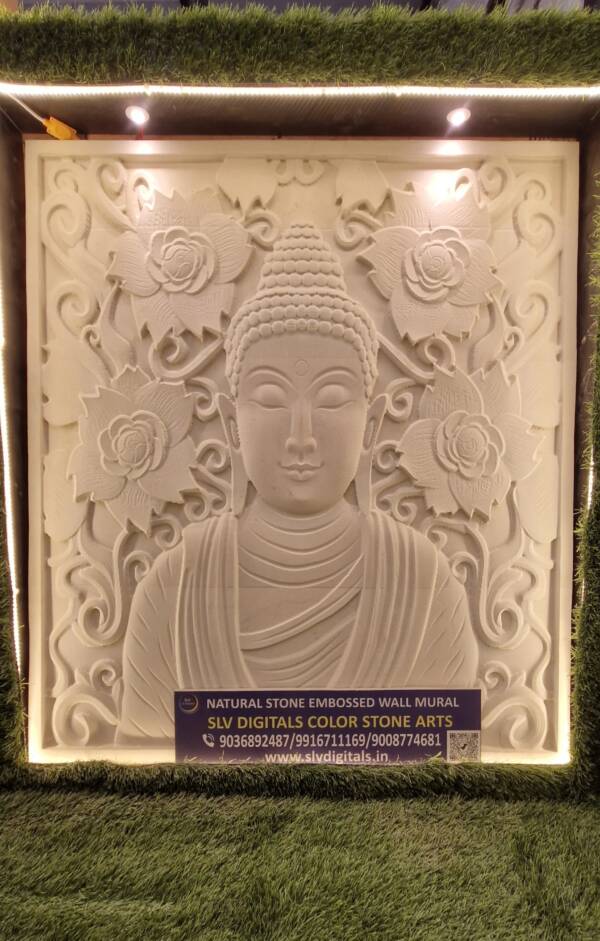 Natural Stone Embossed Wall Mural | Buddha | Flower Design | 3D Pattern